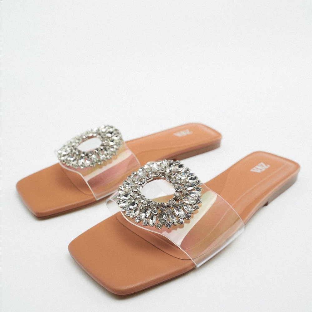 Zara embellished vinyl flat sandals light wear size 39/9 out of stock